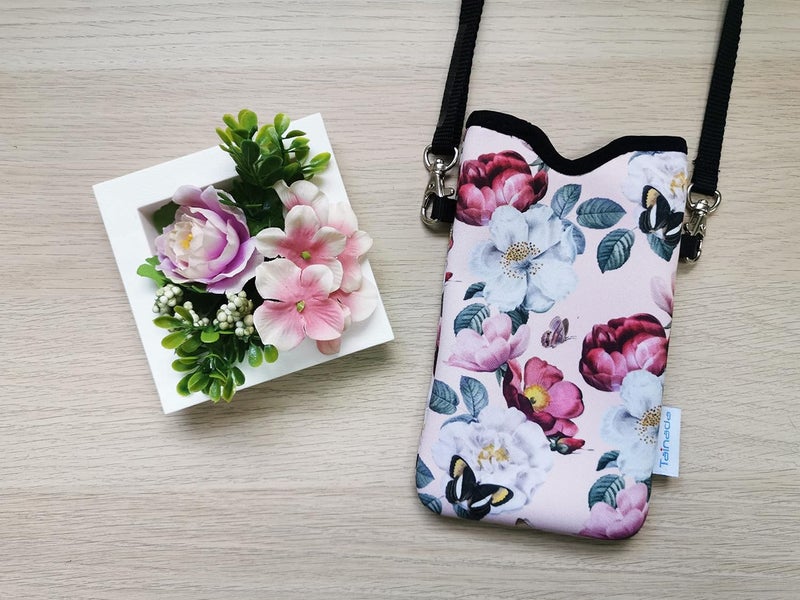 Tainada Women Neoprene Cell Phone Sleeve Pouch Case Bag w/Crossbody Strap/Neck Lanyard for iPhone 17/16/15 Pro Max, Air, 16/15 Plus, 16e; Samsung S25, S24, A56, Google Pixel 10, 9a (Pink Floral) - Image 3